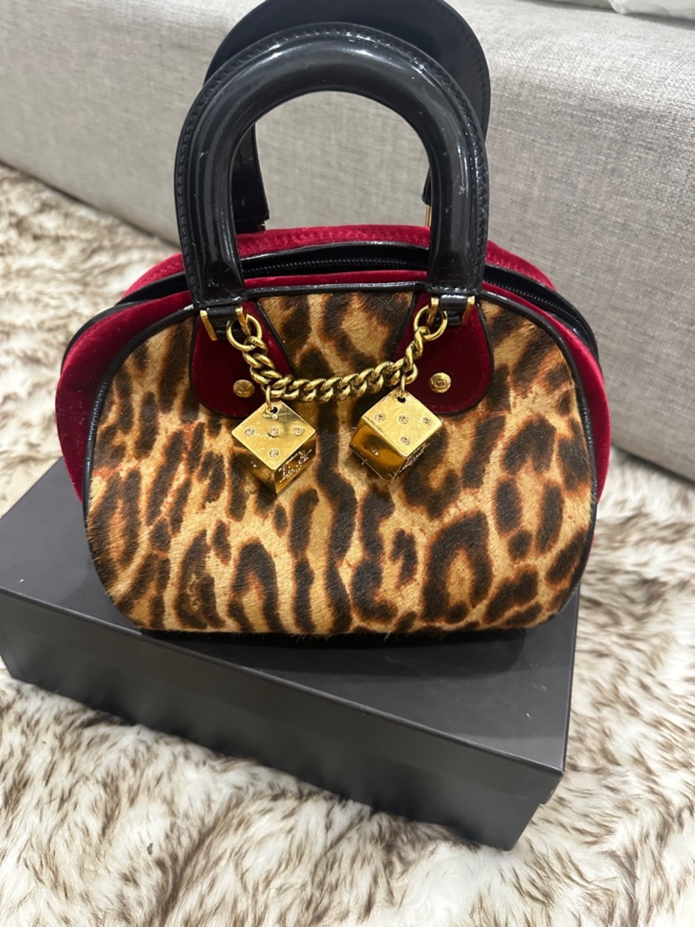 DIOR Leopard Print pony hair Top-Handle Bag with Red Velvet Trim & DIOR DICE